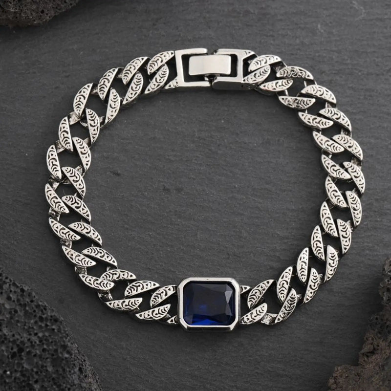 Pulseira de corrente cubana com pedra azul